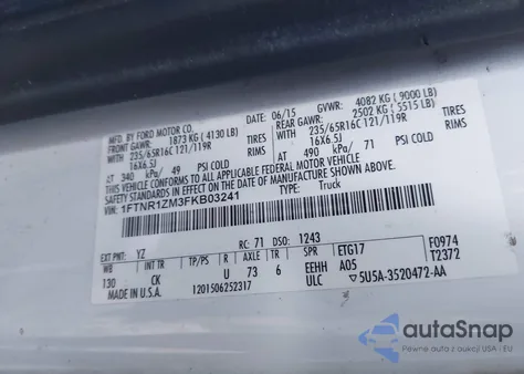 2015 Ford Transit-250 z USA, uszkodzony, nr VIN 1FTNR1ZM3FKB03241